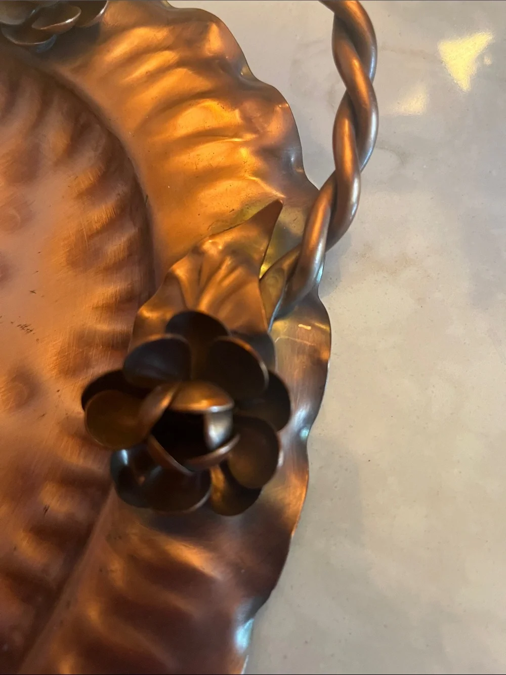 Vintage Gregorian Copper Tray platter with copper roses twisted handles #907
